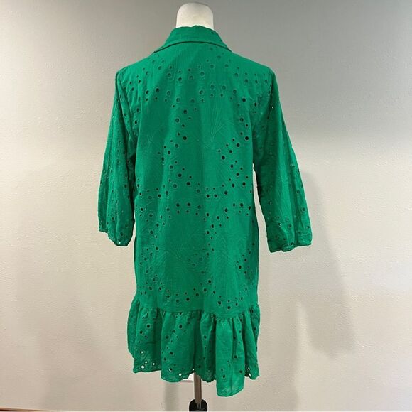 Green Eyelet Button-Up long sleeve mini Dress - Picture 6 of 10